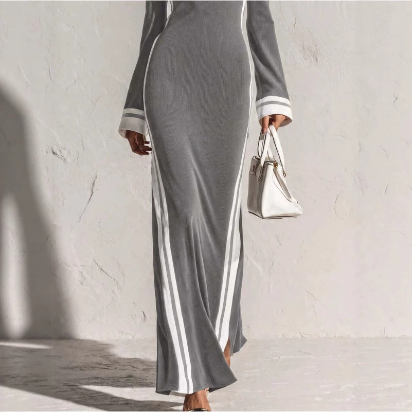 Elegant Vintage Square Neck Light Gray Long Dress with White Trim