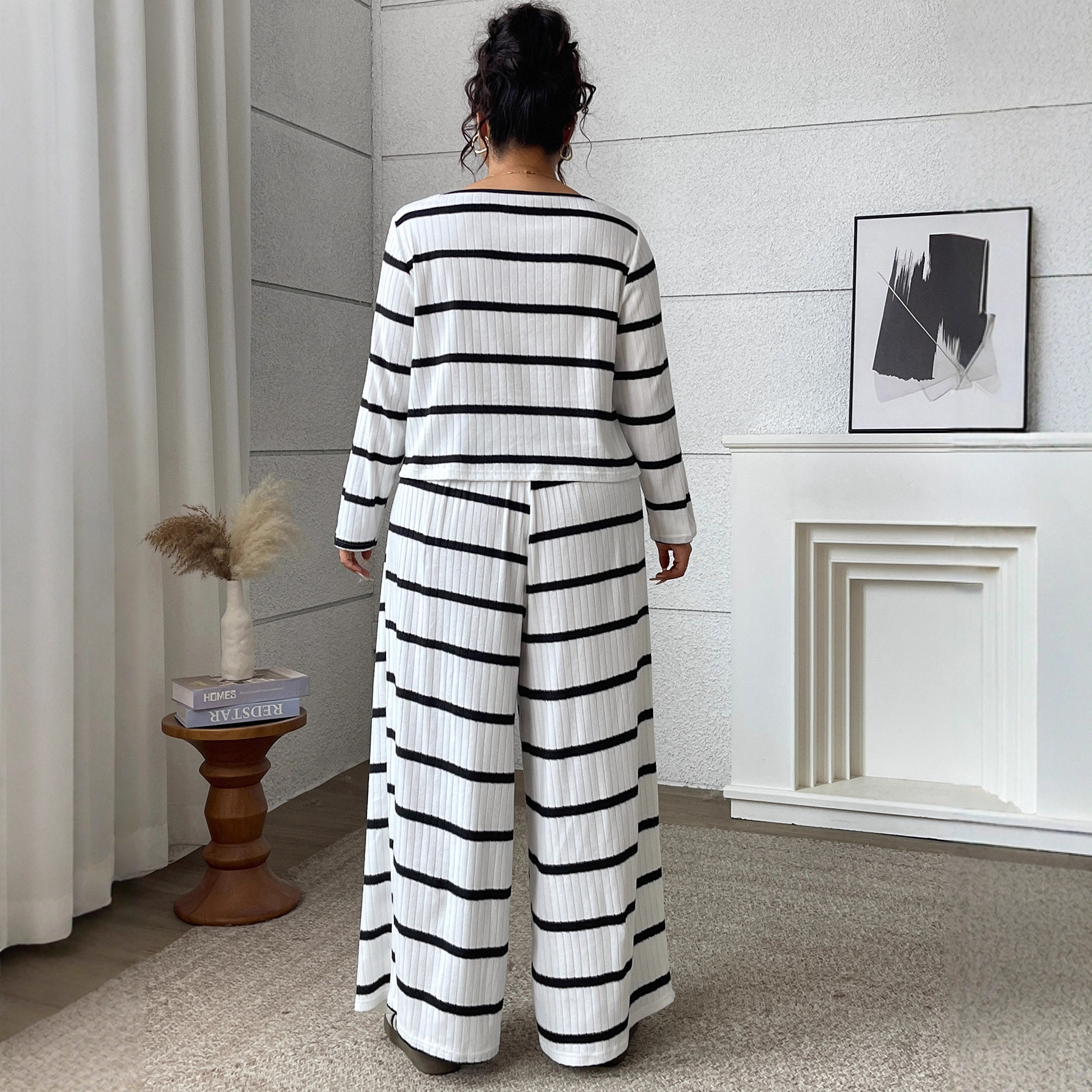 Striped Tie-Front Long-Sleeve Top and Wide-Leg Pants Set