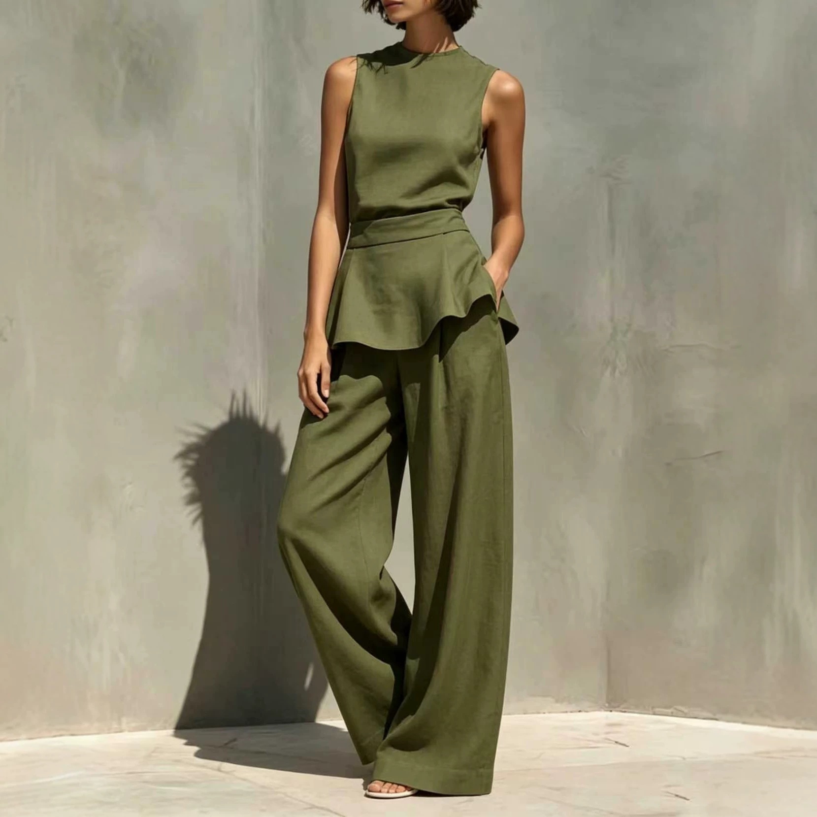 Women's Sleeveless Vest & Wide-Leg Pants Cotton-Linen Two-Piece Set