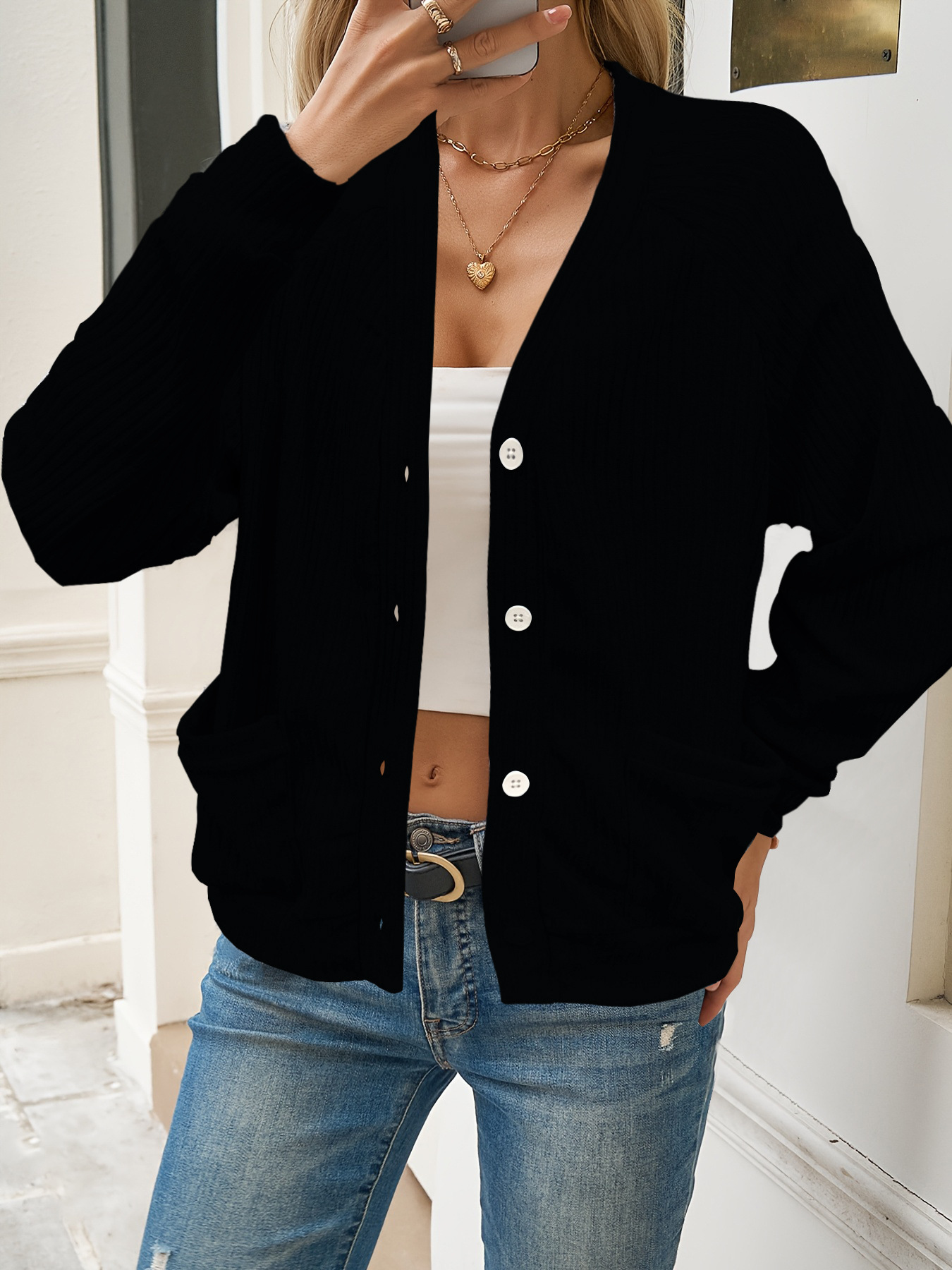 Solid V-Neck Long-Sleeve Knit Cardigan Sweater