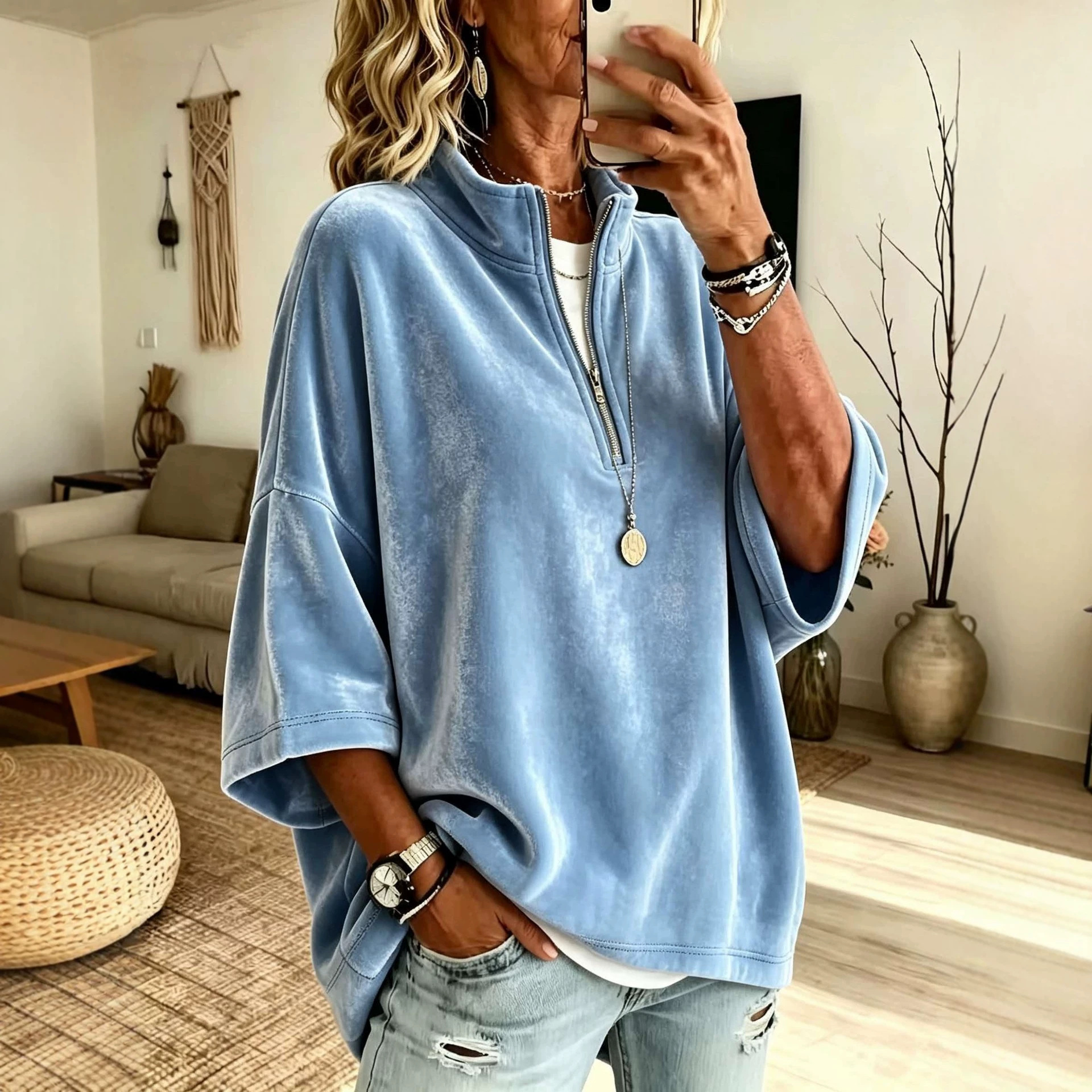 Women's Velvet Turtleneck Top with 7/8 Sleeves and Zip