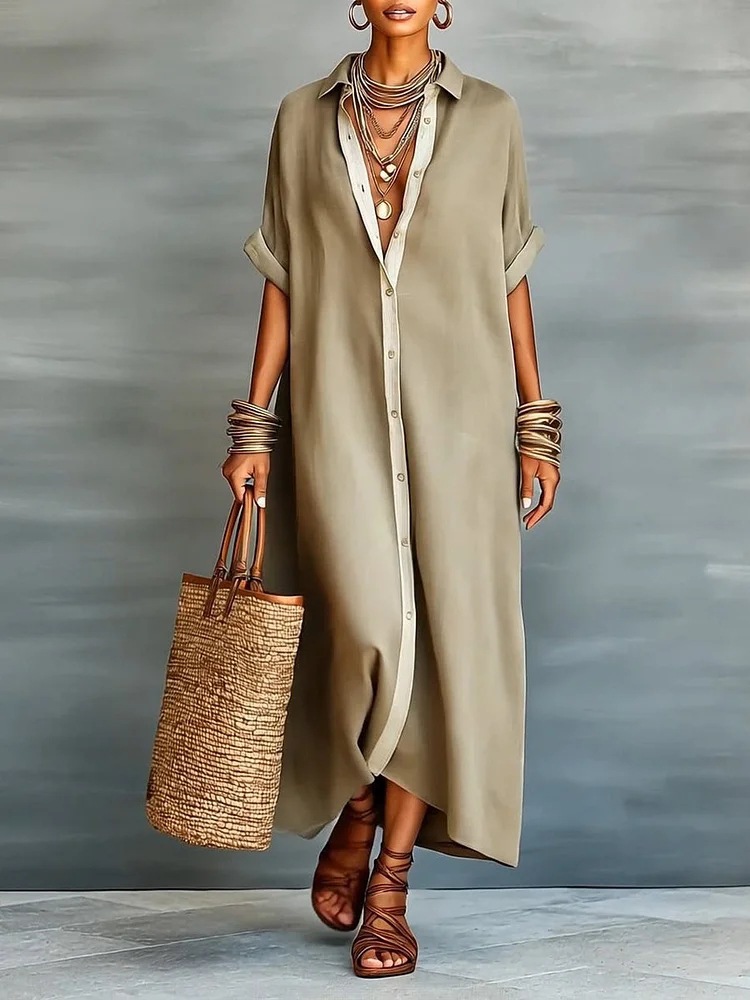 Elegant Button Contrast Collar Cotton-Linen Shirt Dress