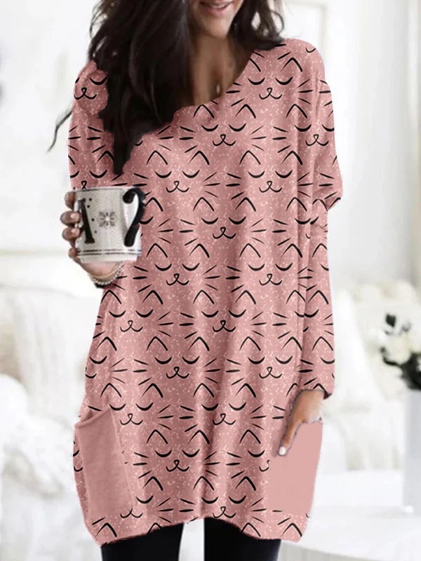 Women's Animal Print A-Line Midi Dress Long Sleeve Crew Neck Casual