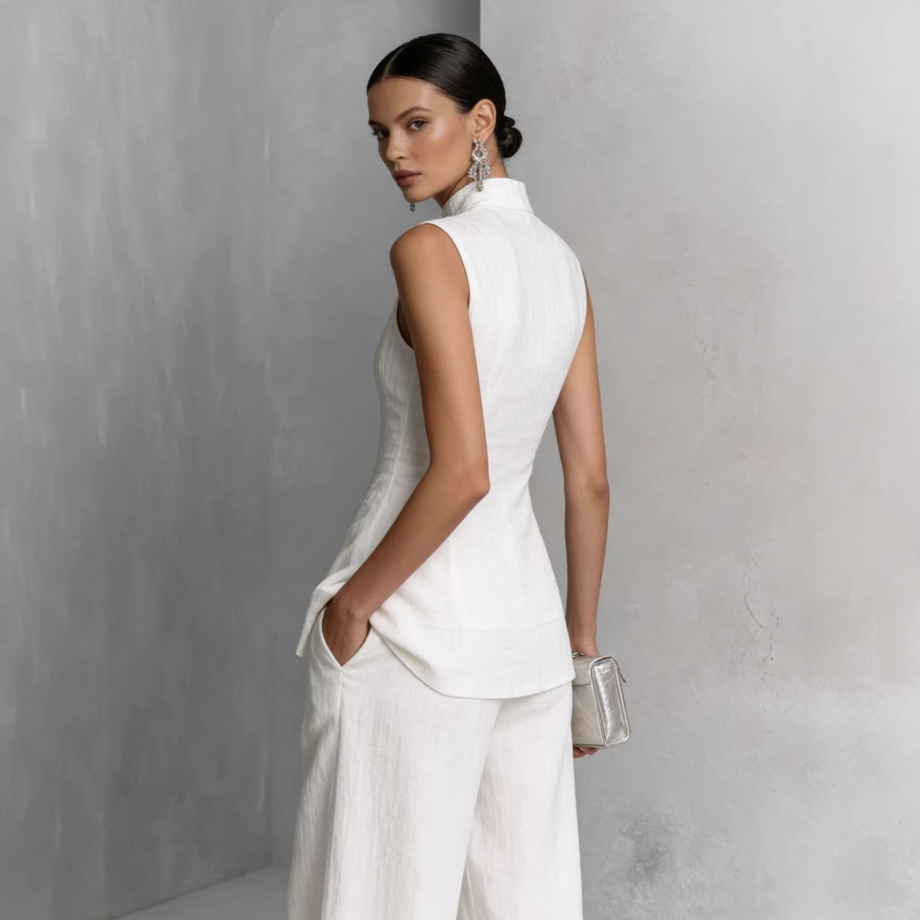 Draped Stand-Collar Sleeveless Top and Pants Set