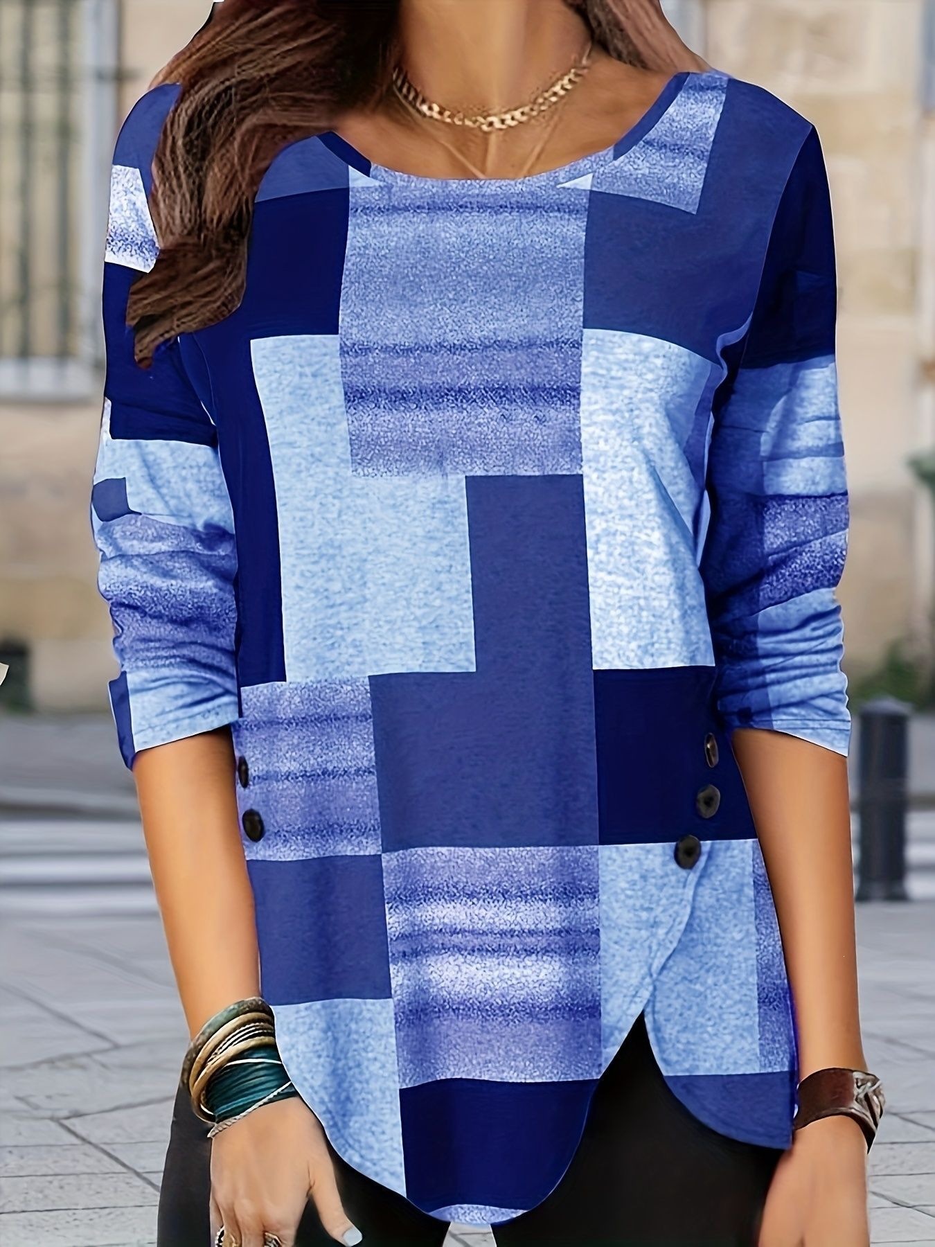 Plaid Crewneck Pullover Long Sleeve Knit Top