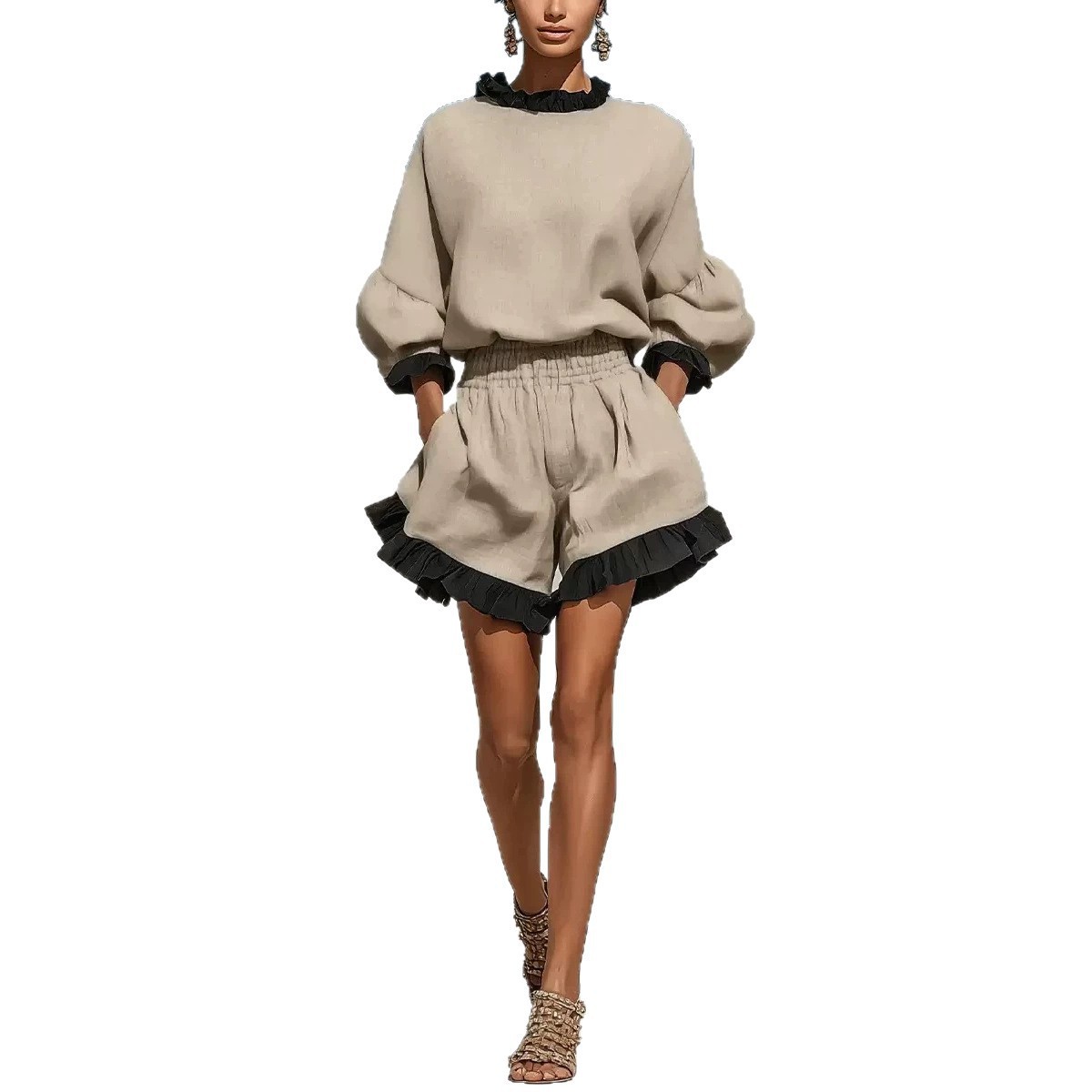Ruffled Long-Sleeve Top & High-Waist Wide-Leg Ruffle-Hem Shorts Two-Piece Set