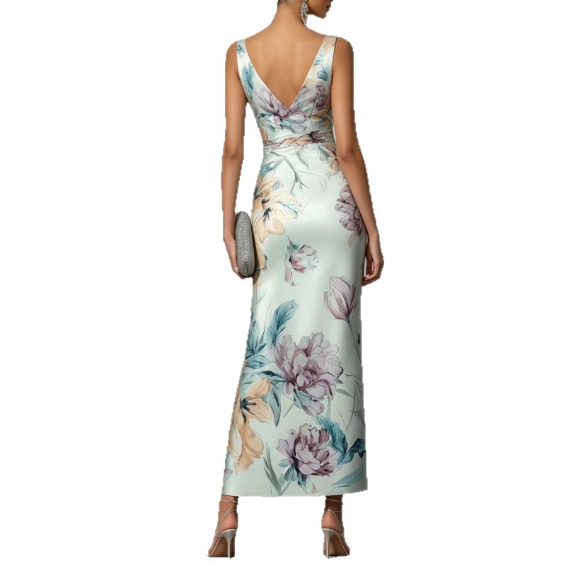 Slimming High-Waist Floral Print Bodycon Backless Maxi Dress