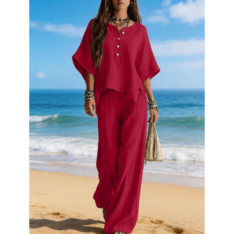 Women's Asymmetrical Round Neck T-Shirt and Pants Two-Piece Set