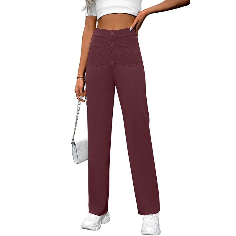High-Waist Wide-Leg Button Pants with Pockets Casual Straight-Leg Trousers