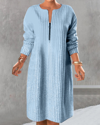 Women's Solid Color Zip-Up Long Sleeve Sweater Dress