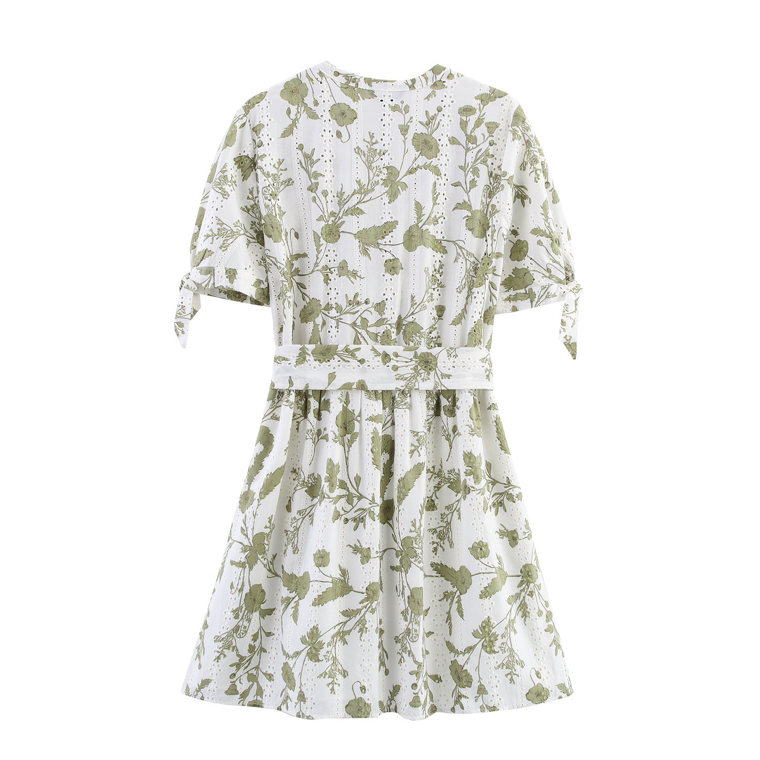 Women's Cutout Embroidered Floral A-Line Dress V-Neck Short Sleeve Light Green