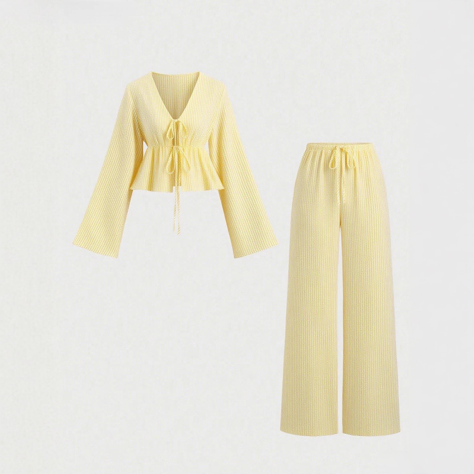 Striped Tie-Front Long-Sleeve Two-Piece Pants Set