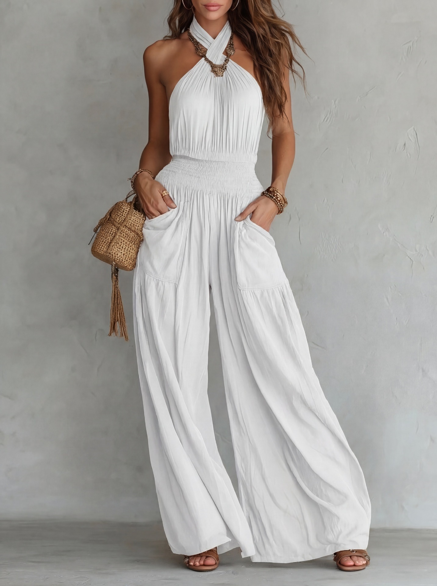Bohemian Open-Back Sleeveless Wide-Leg Jumpsuit with Smocking and Pockets