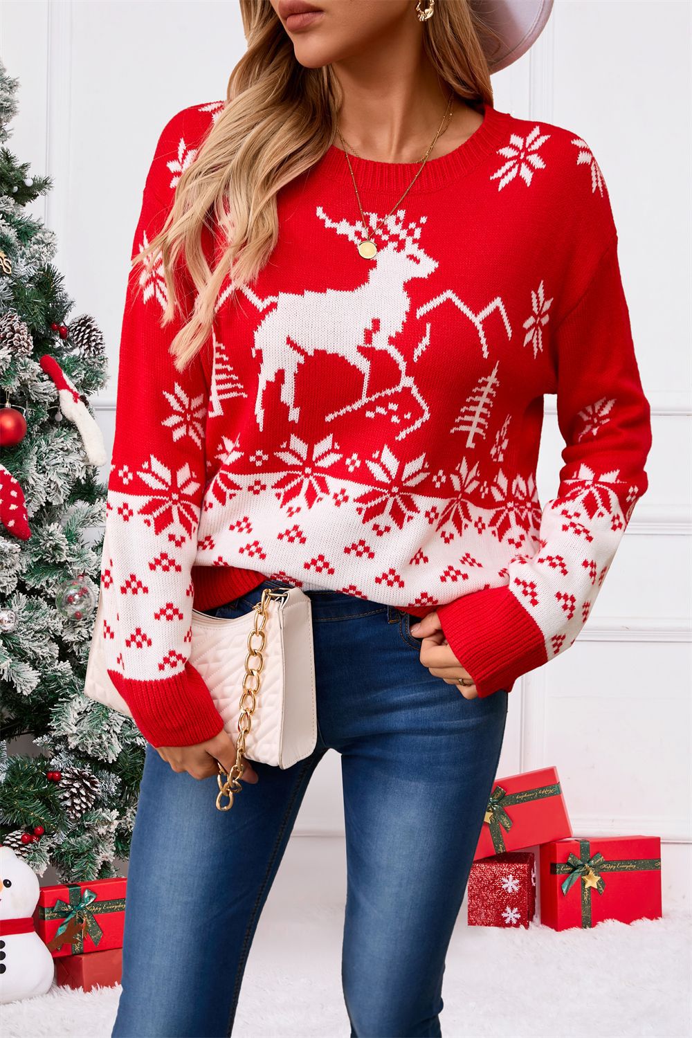 Christmas Tree Pullover Sweater Women's Plus Size Red Round Neck