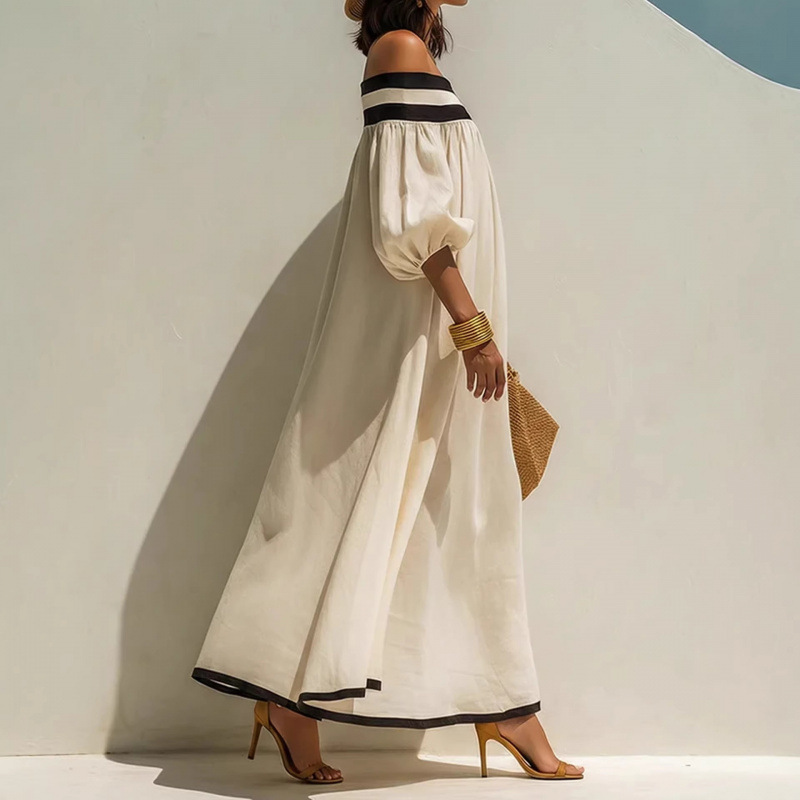 Off-Shoulder Striped A-Line Midi Dress with Puff Sleeves