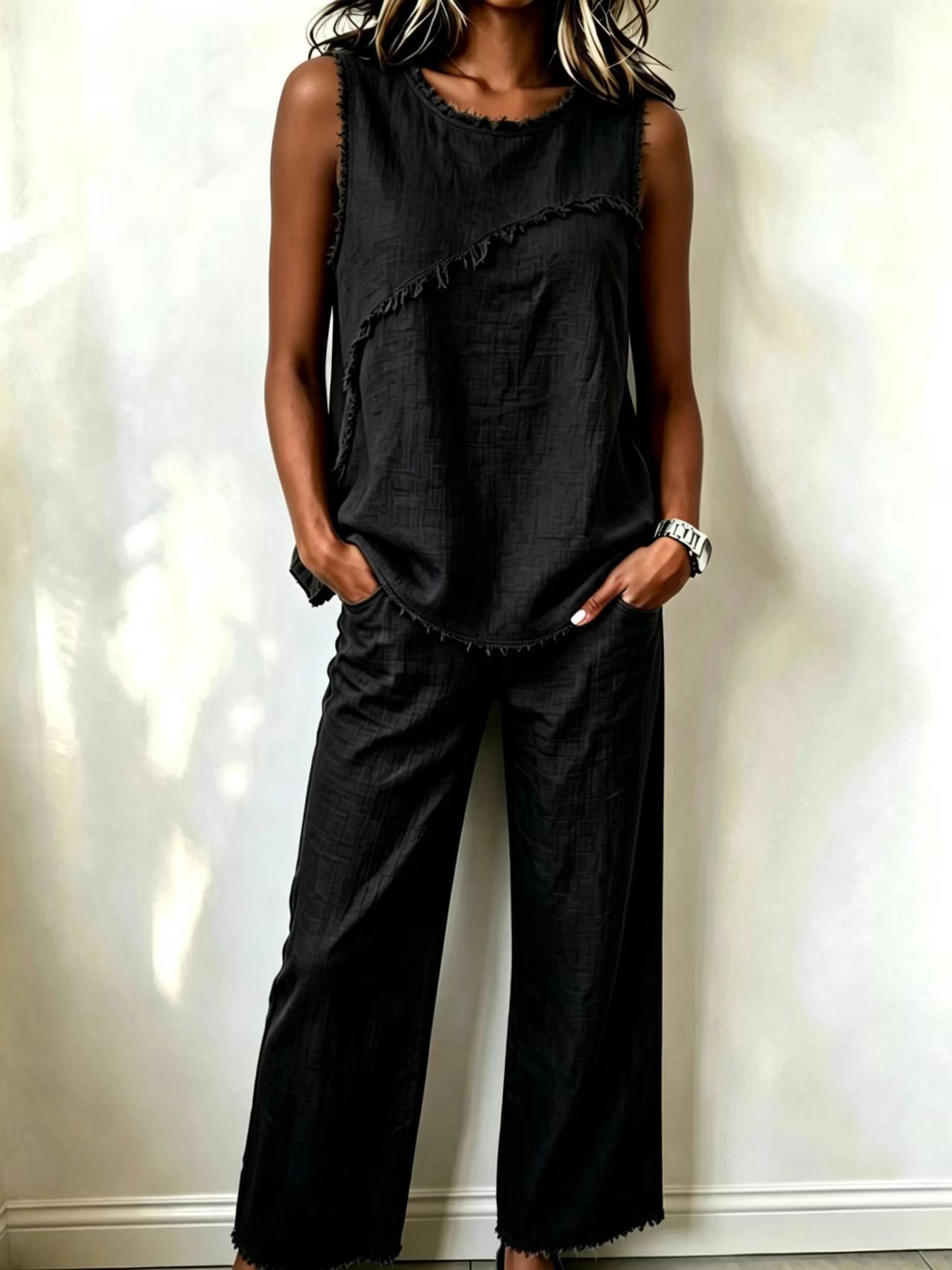 Women's Sleeveless Fringe Trim Top & Wide-Leg Pants Two-Piece Set