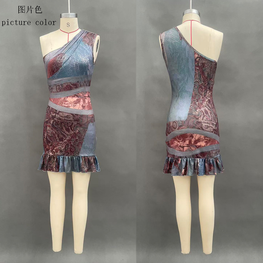 Women's Asymmetric Ruffle Hem Vintage Patchwork Print Dress