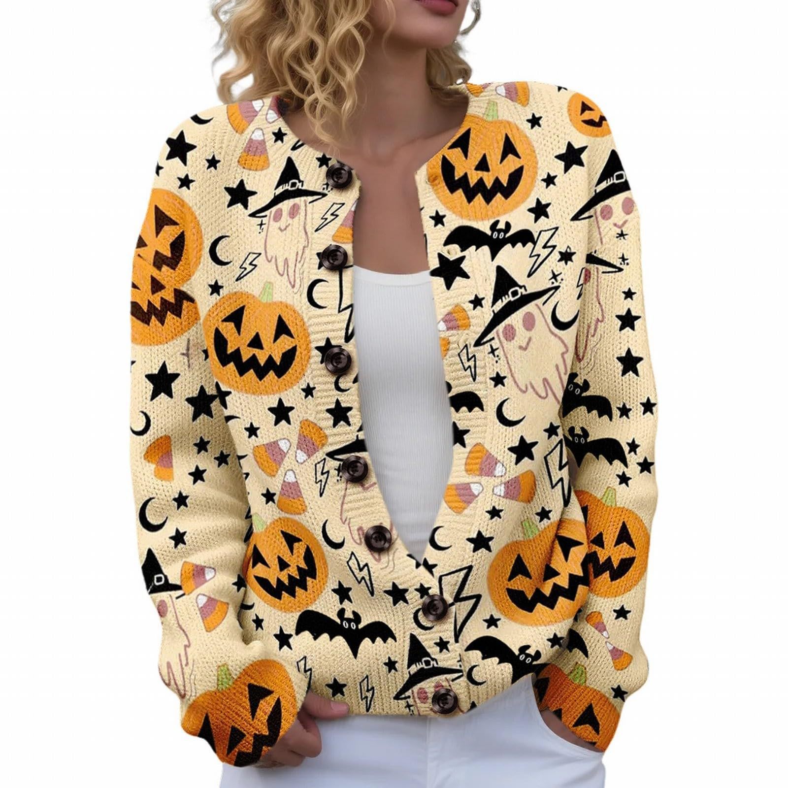 Women's Halloween Ghost Pumpkin Print Button Cardigan Sweater