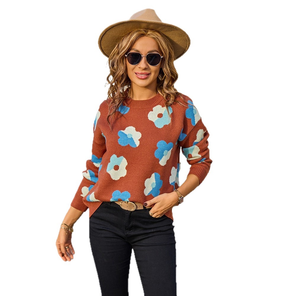 Plus Size Floral Colorblock Knit Sweater Long Sleeve Crew Neck Pullover