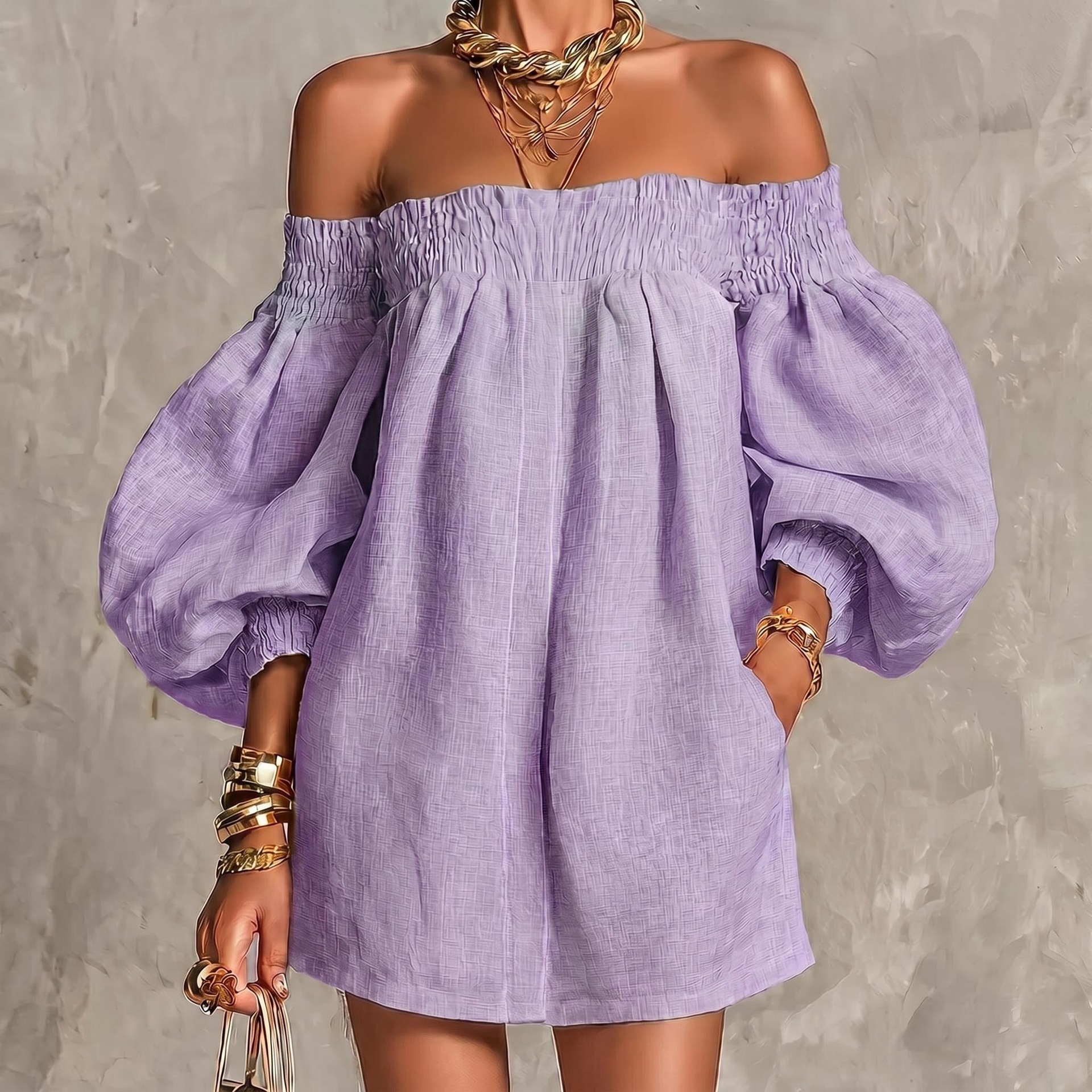Off-Shoulder Lantern Sleeve A-Line Mini Dress