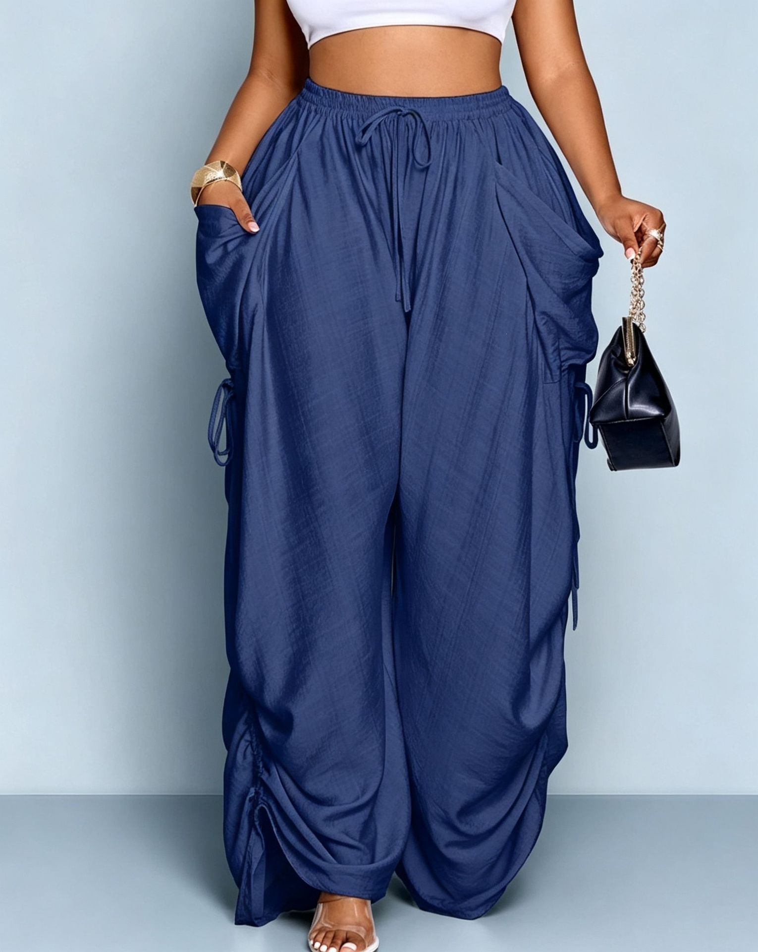Women's High-Waist Harem Pants Cotton-Linen Drawstring Pockets Plus Size