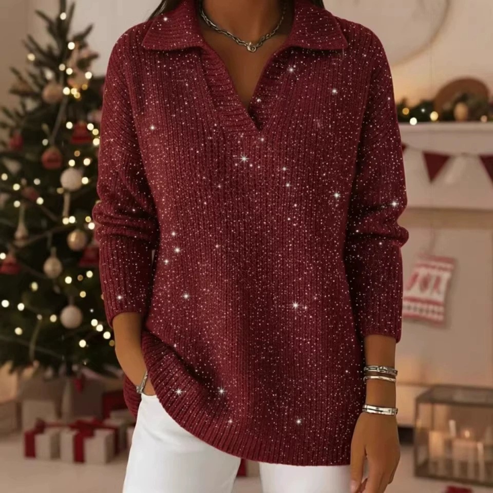 Shimmer Solid Color Long Sleeve Collared Knit Top