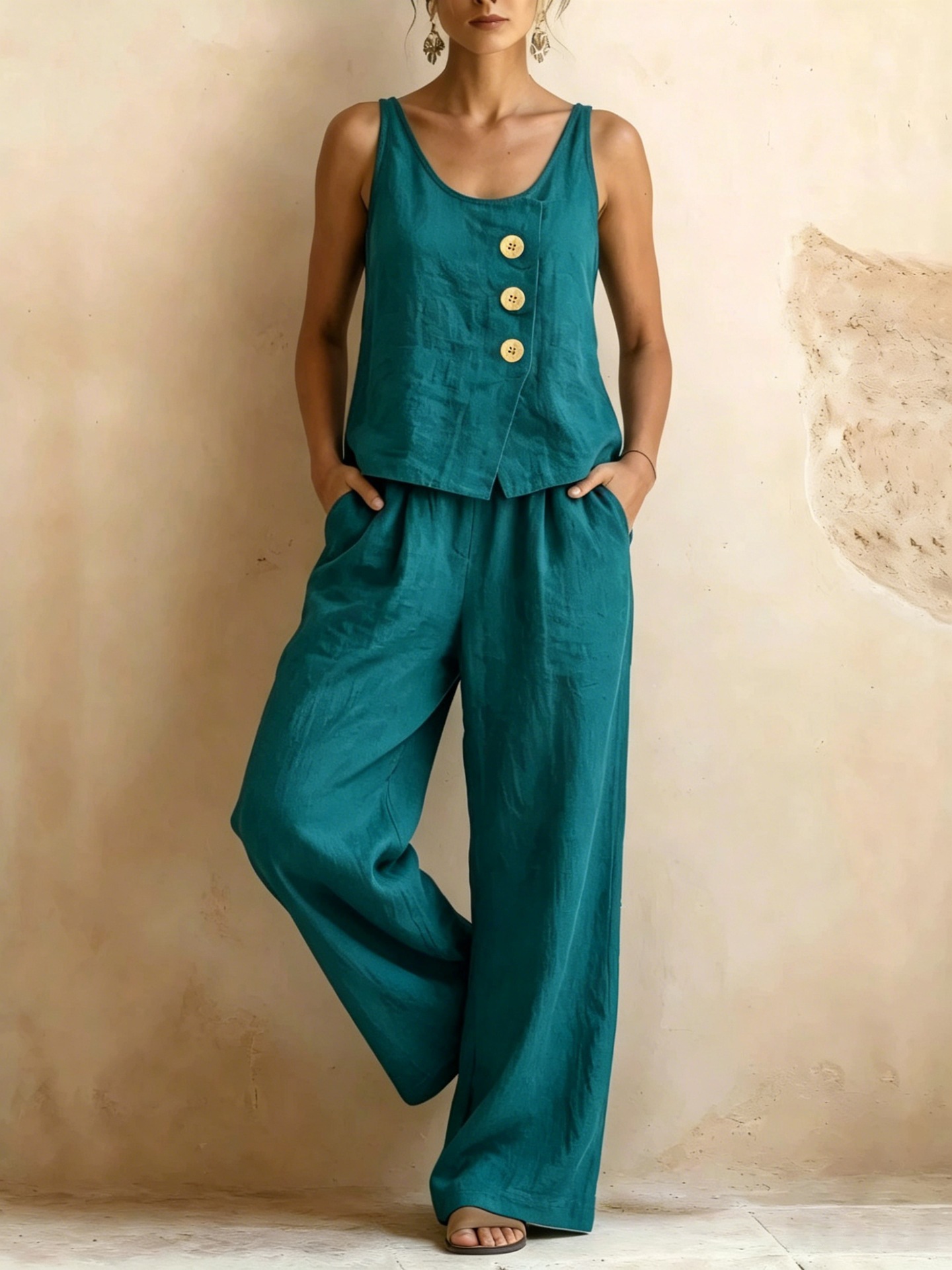 Women's Sleeveless Vest & Wide-Leg Pants Cotton-Linen Two-Piece Set