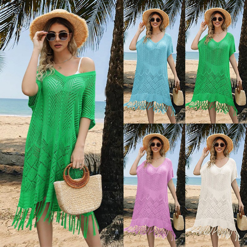 Solid V-Neck Loose Plus-Size Fringe Beach Dress