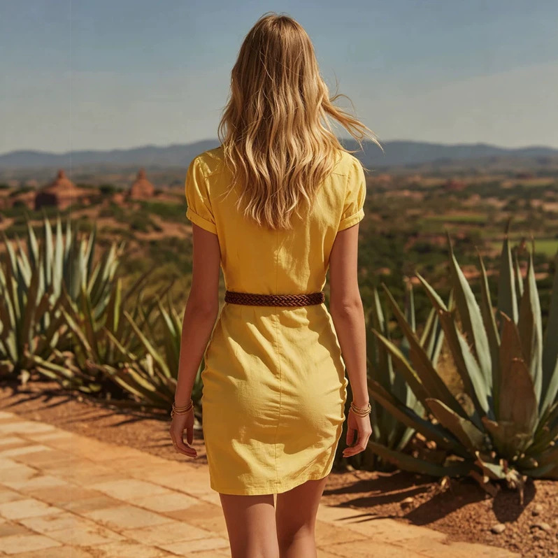 Retro Yellow Polo Collar Pleated Mini Dress