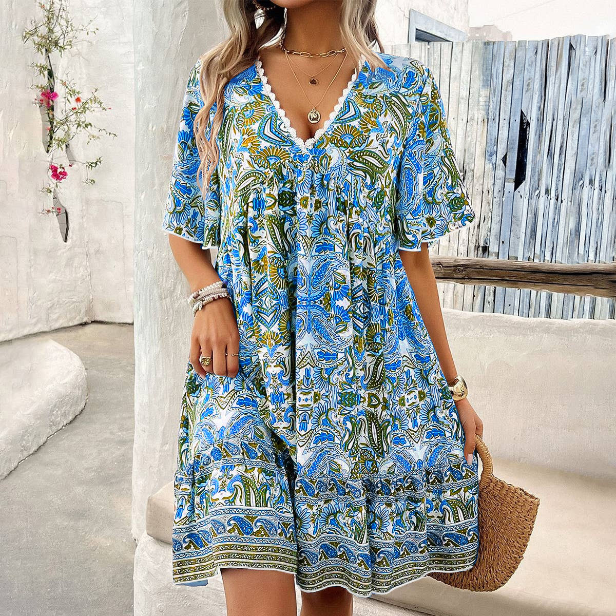 Floral Print Short Sleeve V-Neck Midi Dress with Lace Trim