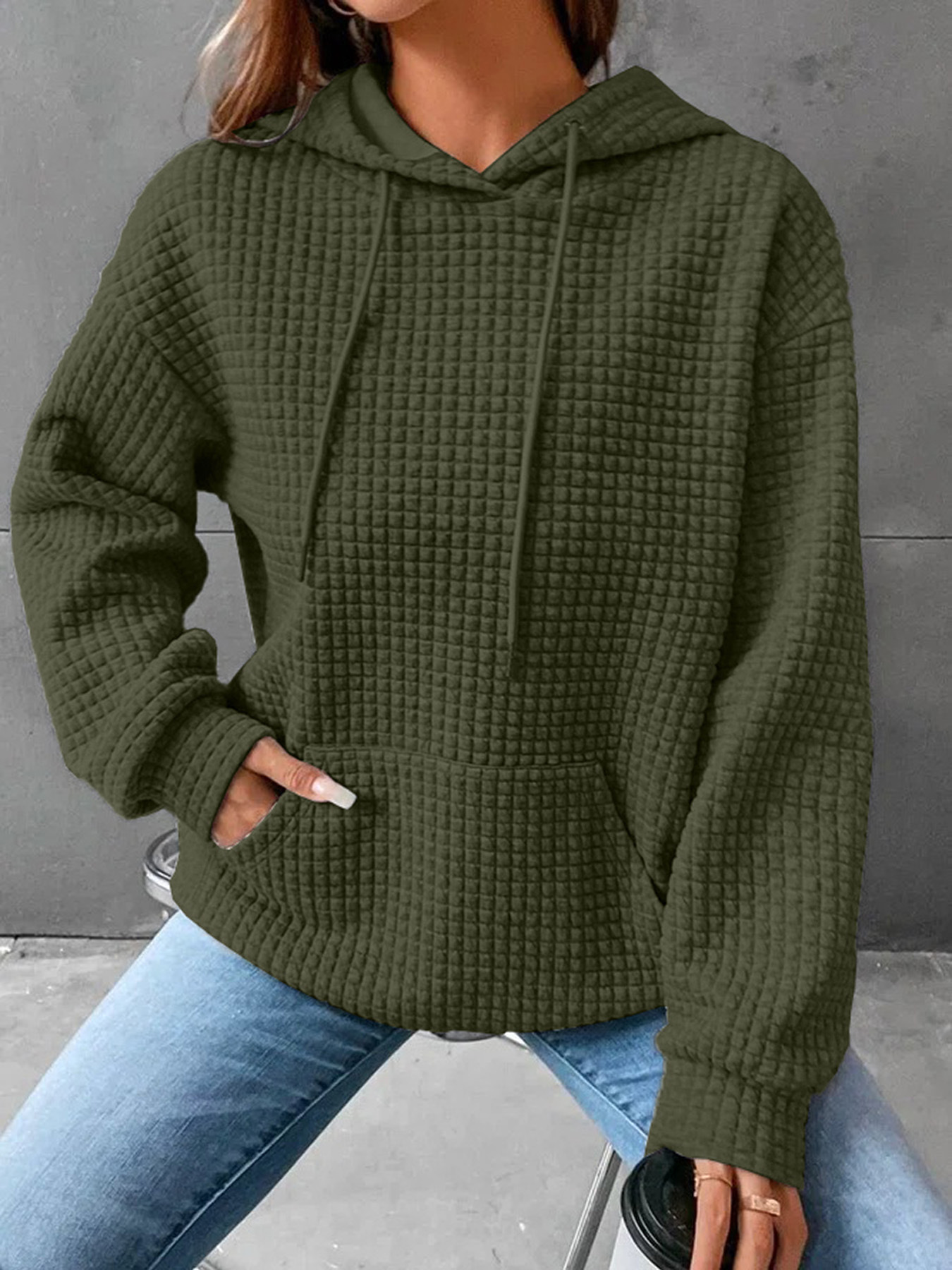 Women's Waffle Knit Crewneck Long-Sleeve Sweatshirt Solid Color