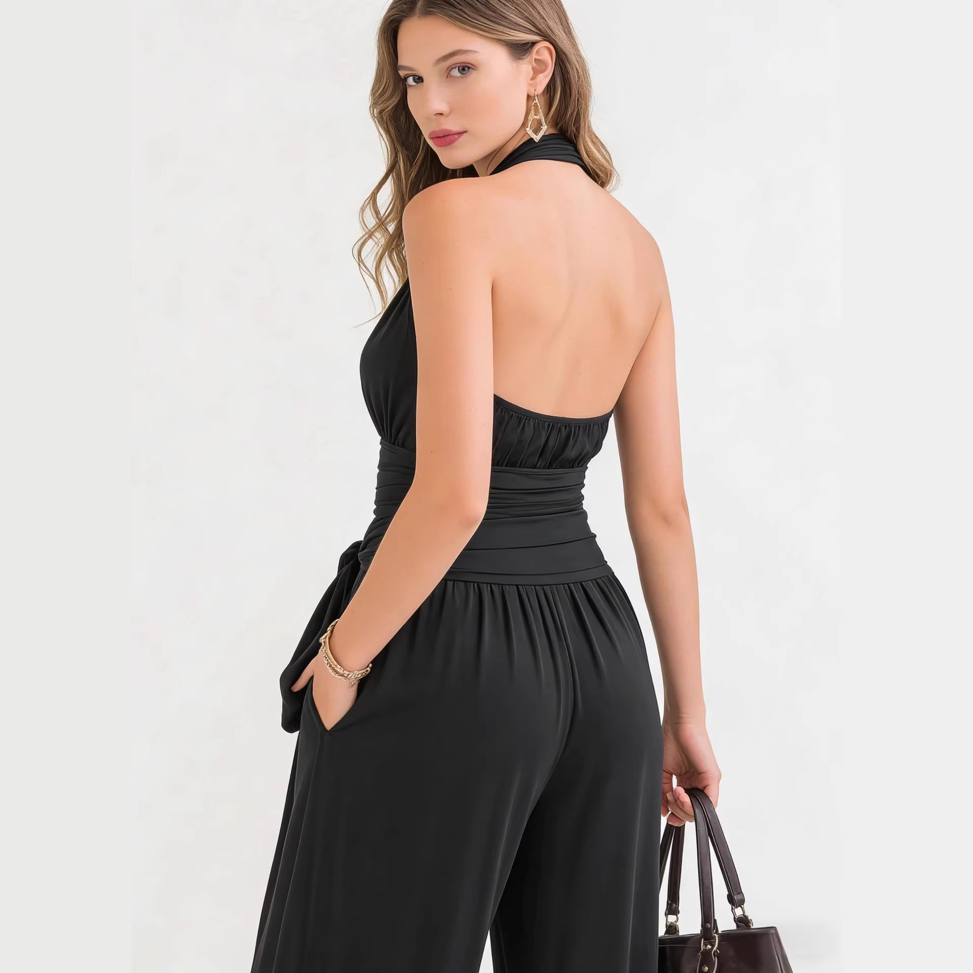 Elegant Halter V-Neck Long Sleeveless Jumpsuit Solid Color