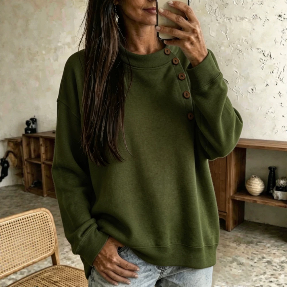 Solid Half-Turtleneck Button-Trim Long-Sleeve Sweatshirt