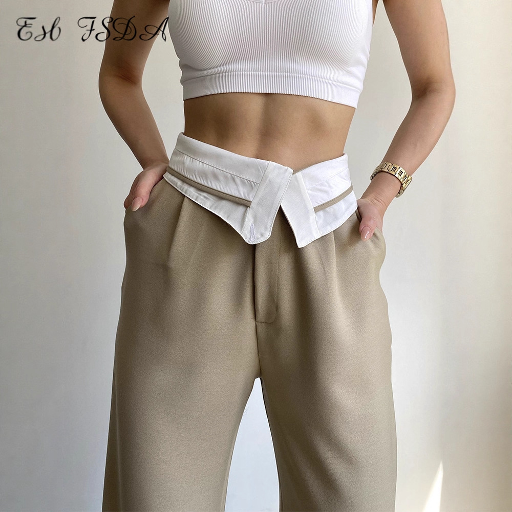 Women's High-Waist Wide-Leg Straight Pants with Fold-Over Waistband