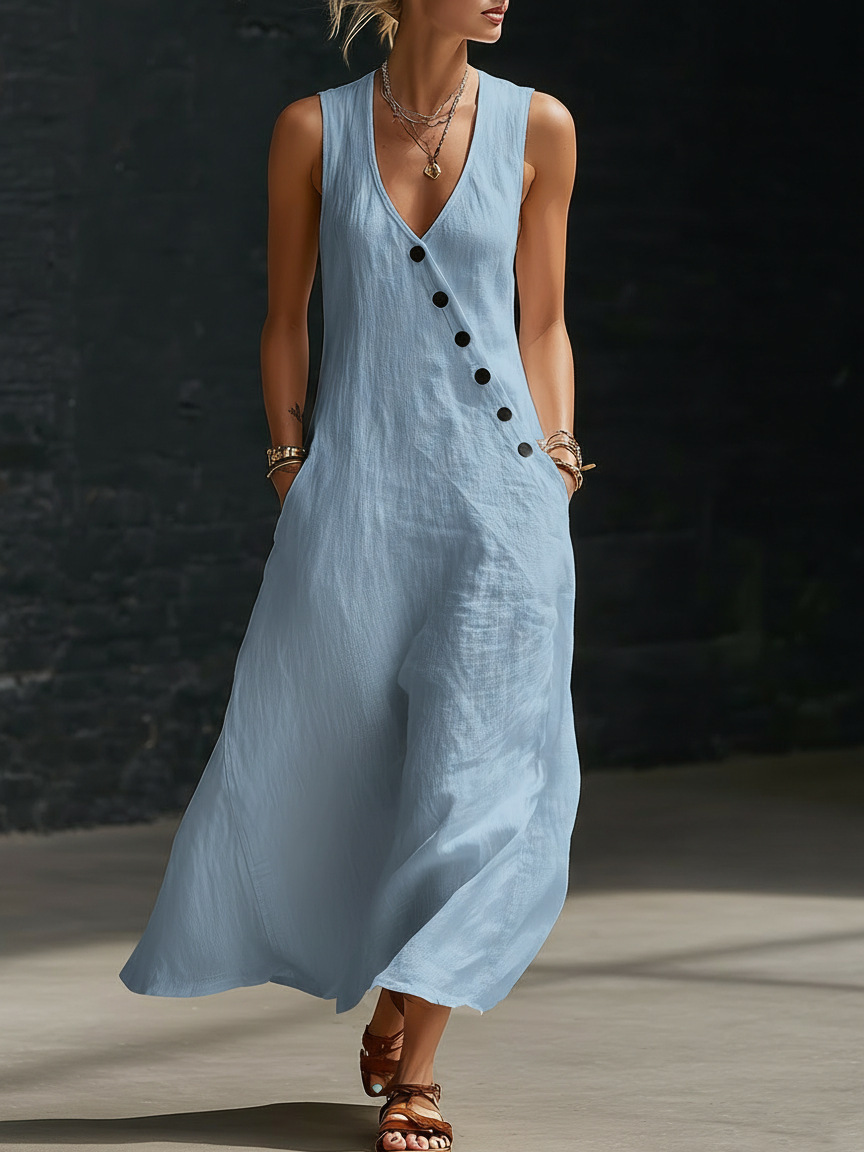 V-Neck Button-Front Cotton-Linen Sleeveless Maxi Dress