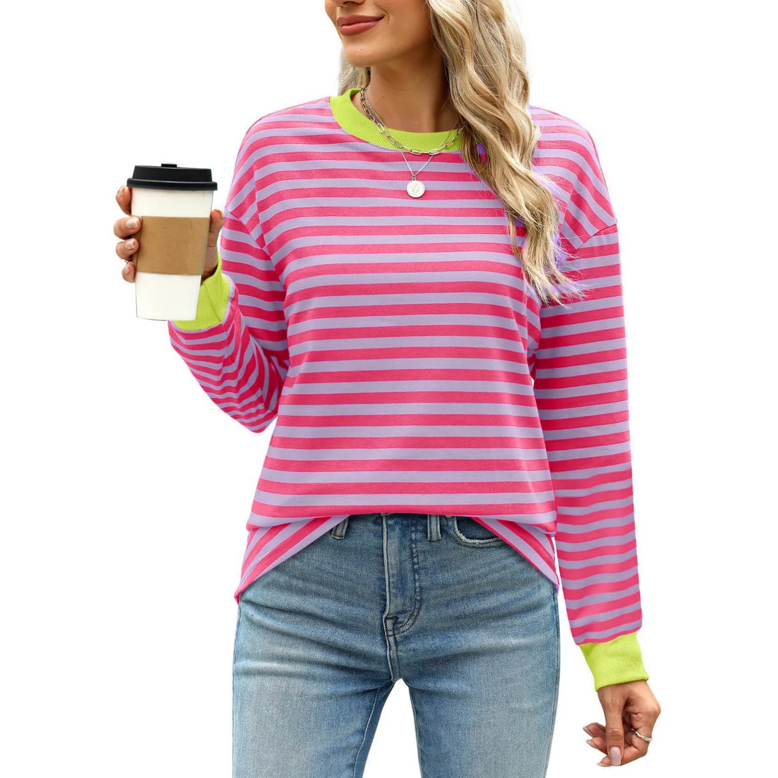 Women's Striped Print Crewneck Sweatshirt Casual Pullover