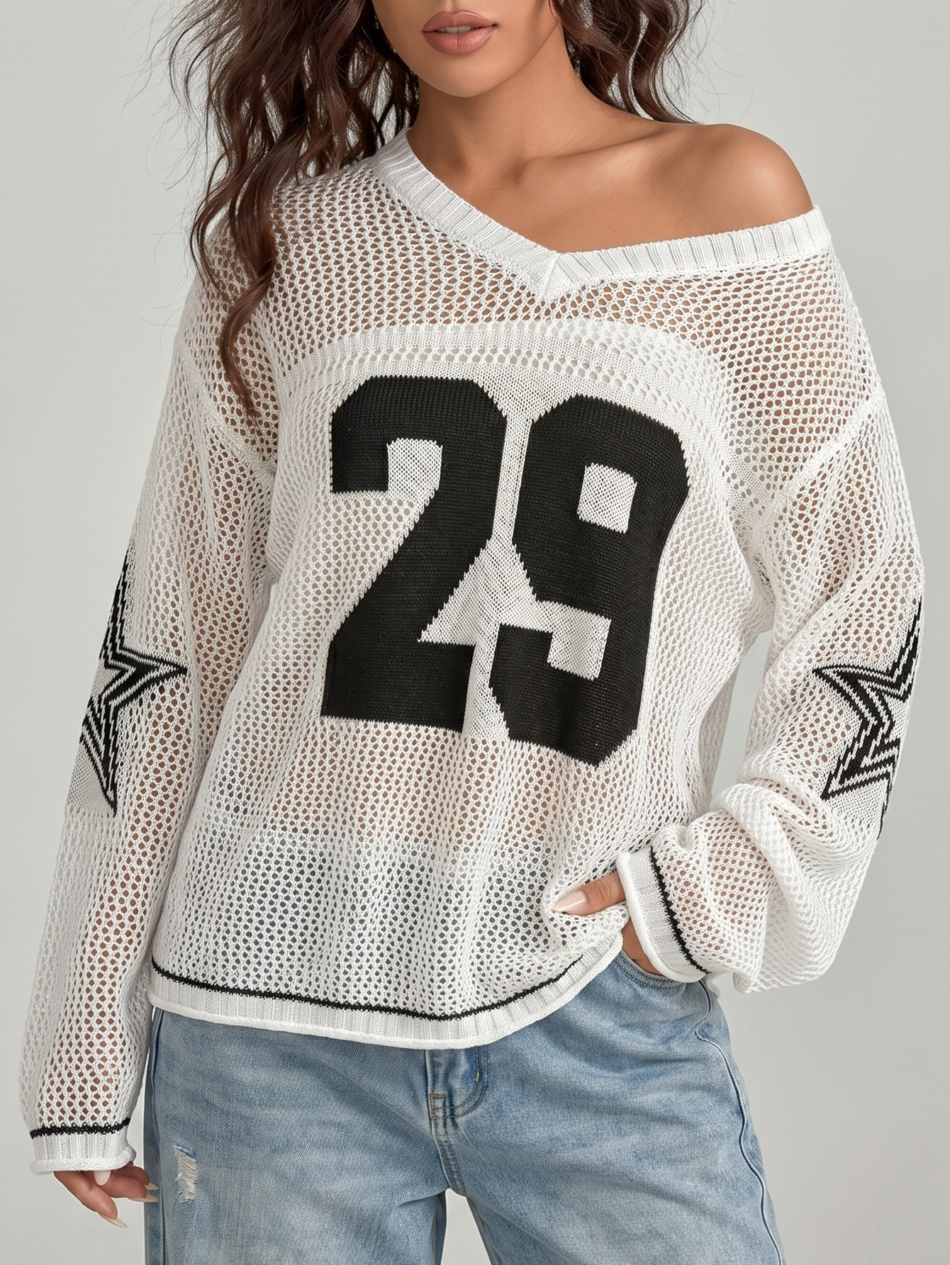 Women's Sheer Open-Knit V-Neck Long-Sleeve Jersey Cover-Up Tee