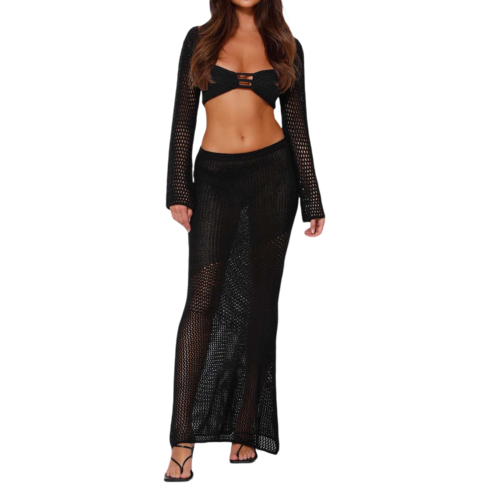 Women's Tie-Strap Long-Sleeve Bodycon Knit Midi Skirt Set