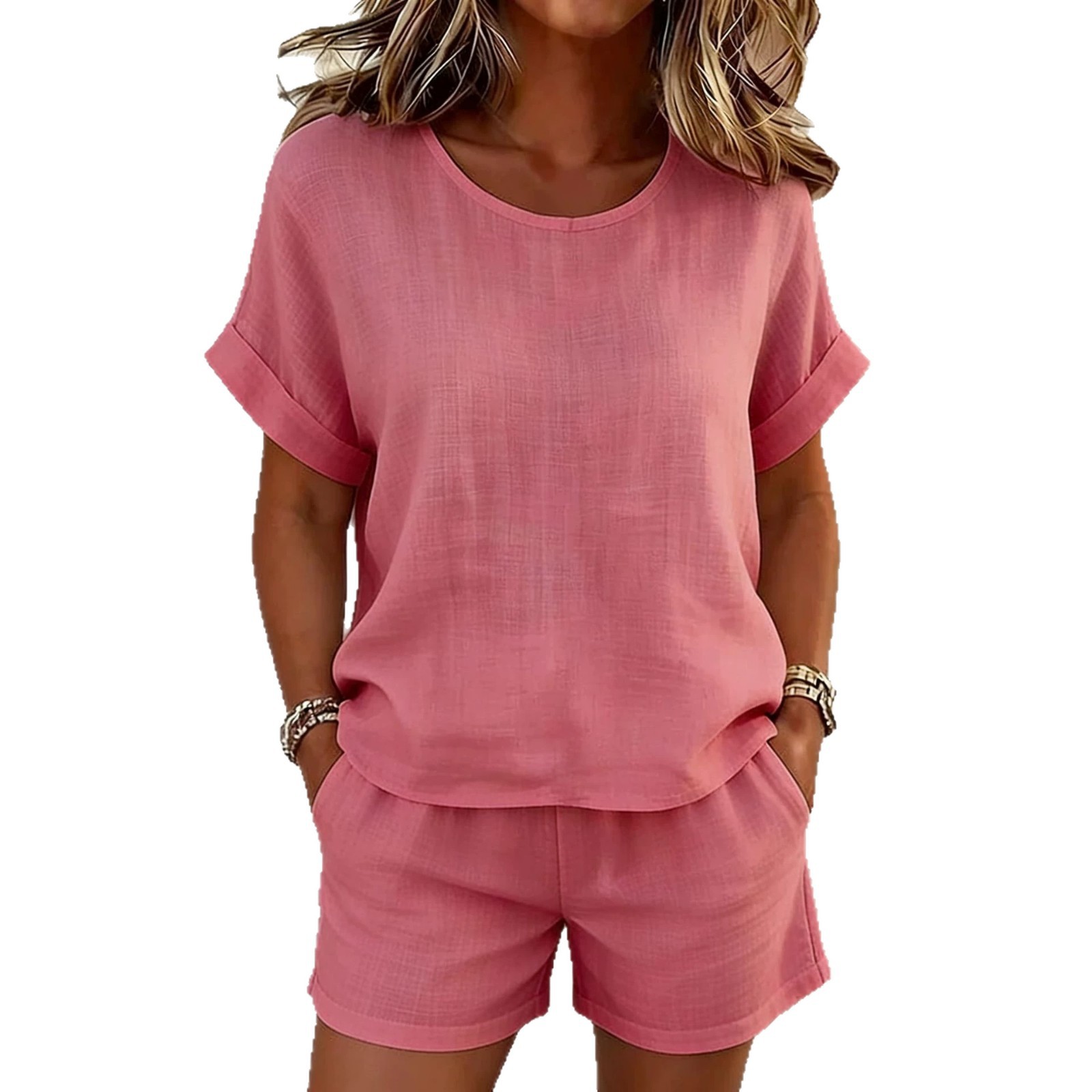 Women's Solid Color Crew Neck Short Sleeve Top and Shorts Two-Piece Set