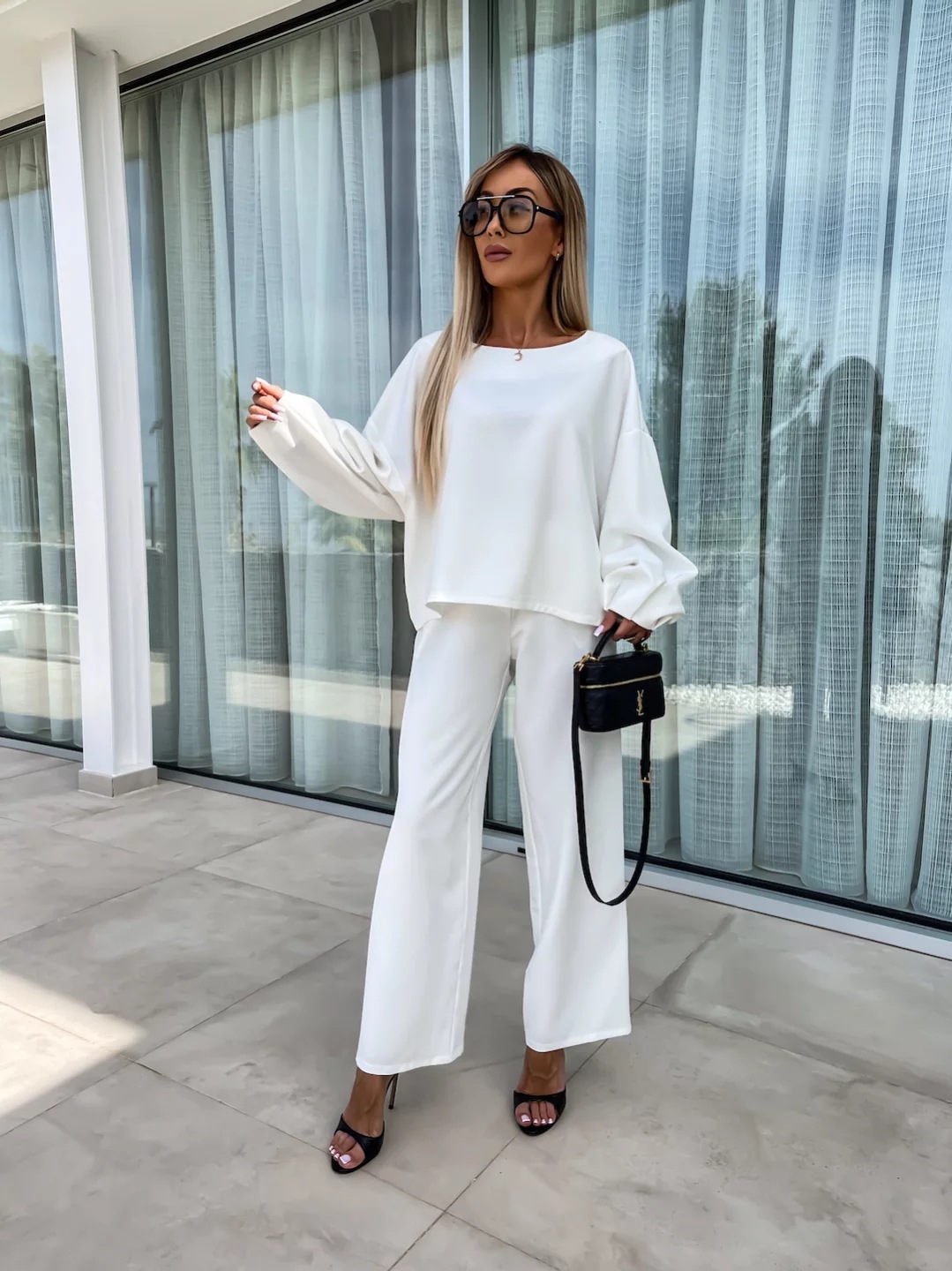 Women's Casual Loose Two-Piece Set Long Sleeve Crewneck Solid Top and Elastic Straight Pants