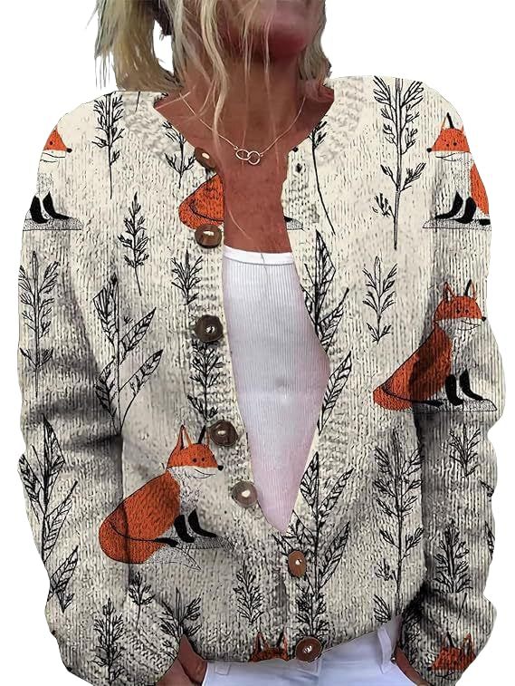 Women's Animal Pumpkin Maple Leaf Print Button Cardigan