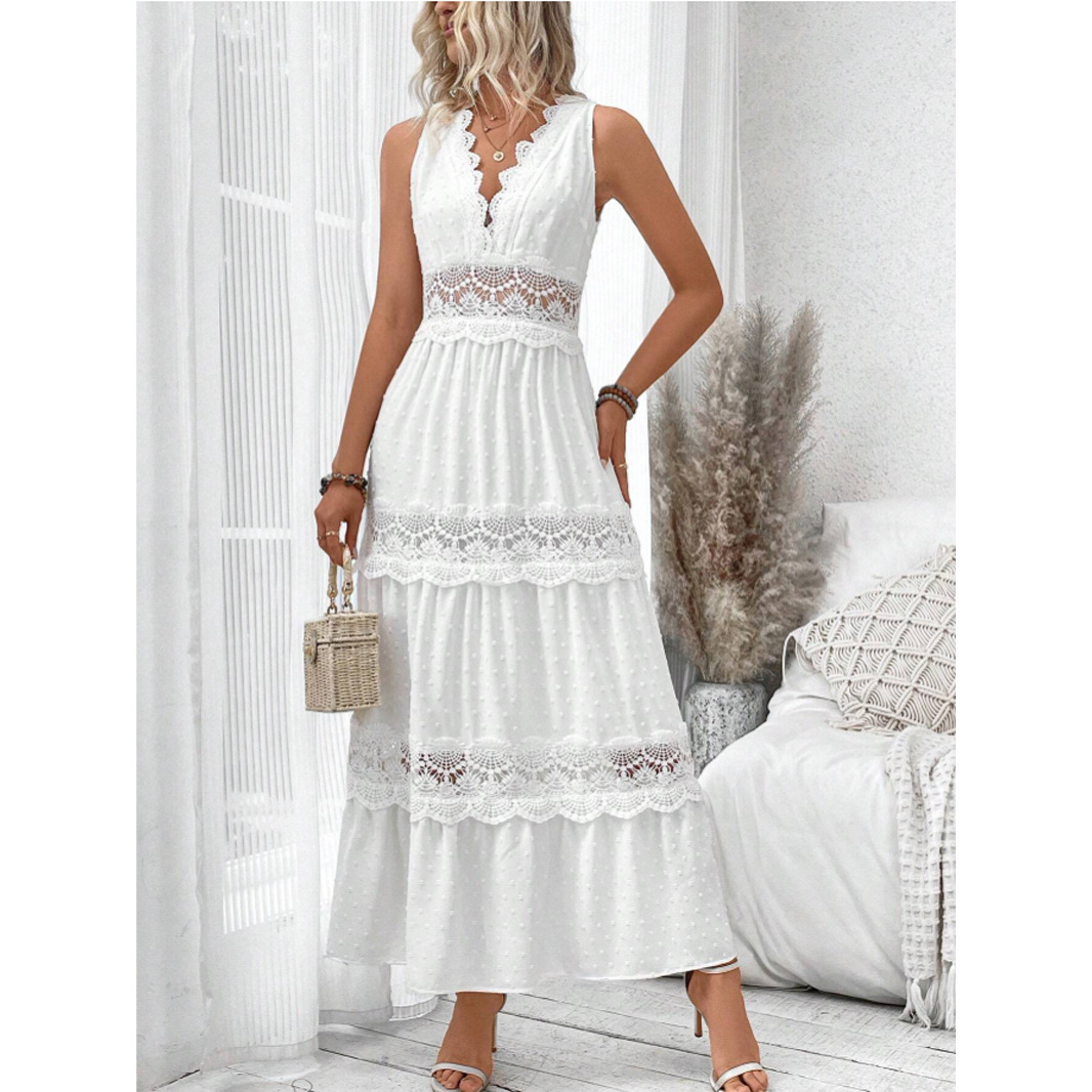 VCAY Women's Lace Panel V-Neck Sleeveless A-Line Maxi Dress