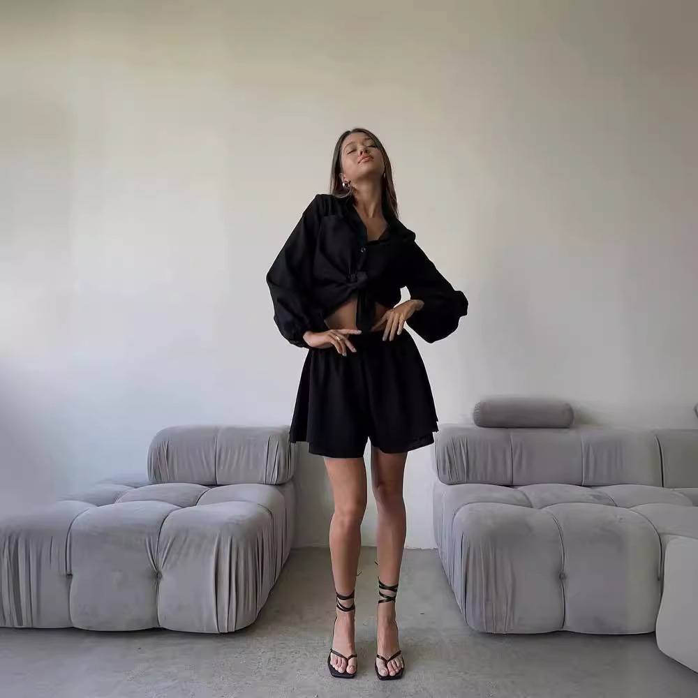 Women's Long Sleeve Ruffle Shorts Casual Set