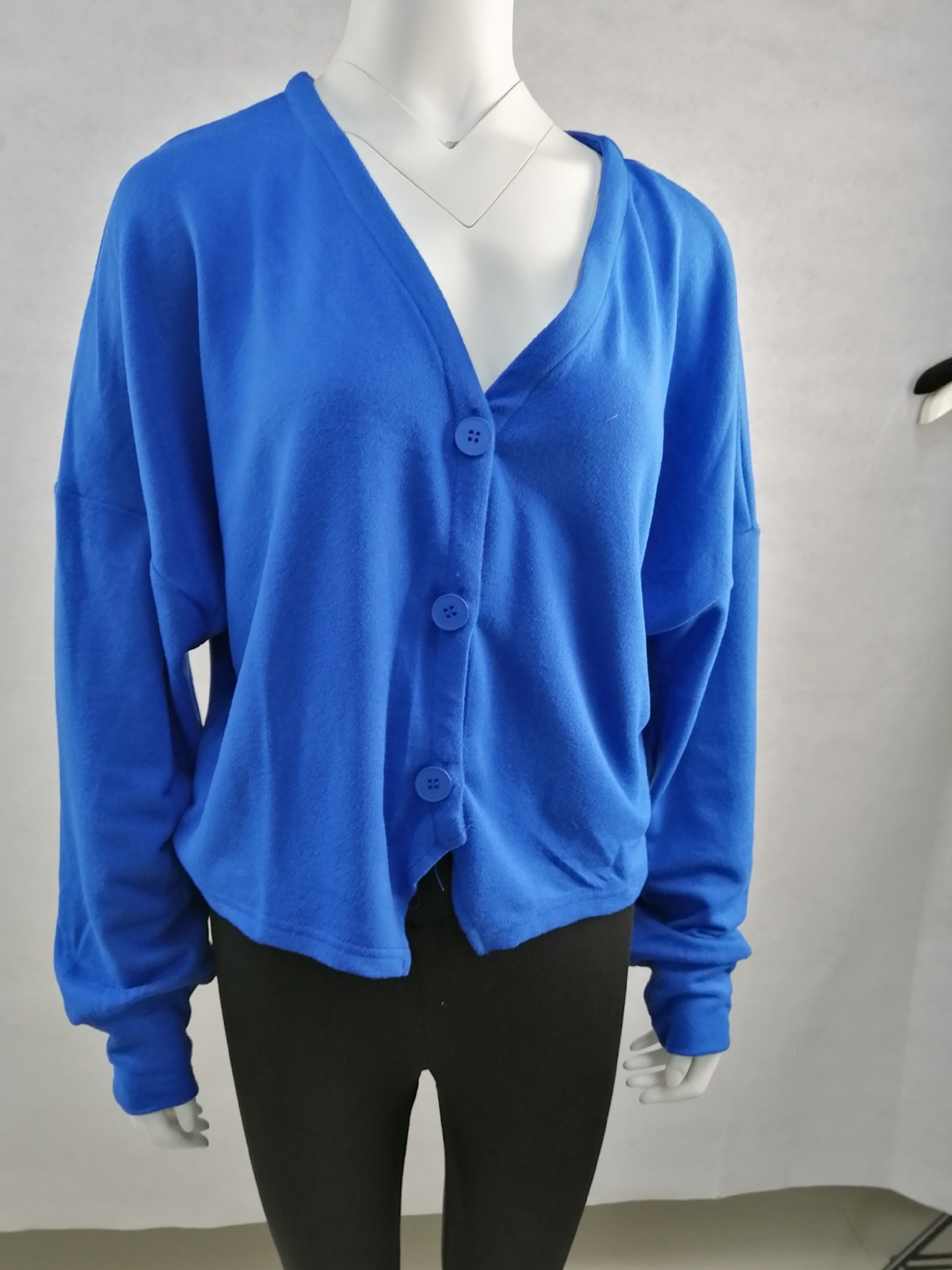 Solid V-Neck Knit Top with Front Button Detail, Loose Cropped Long Sleeve
