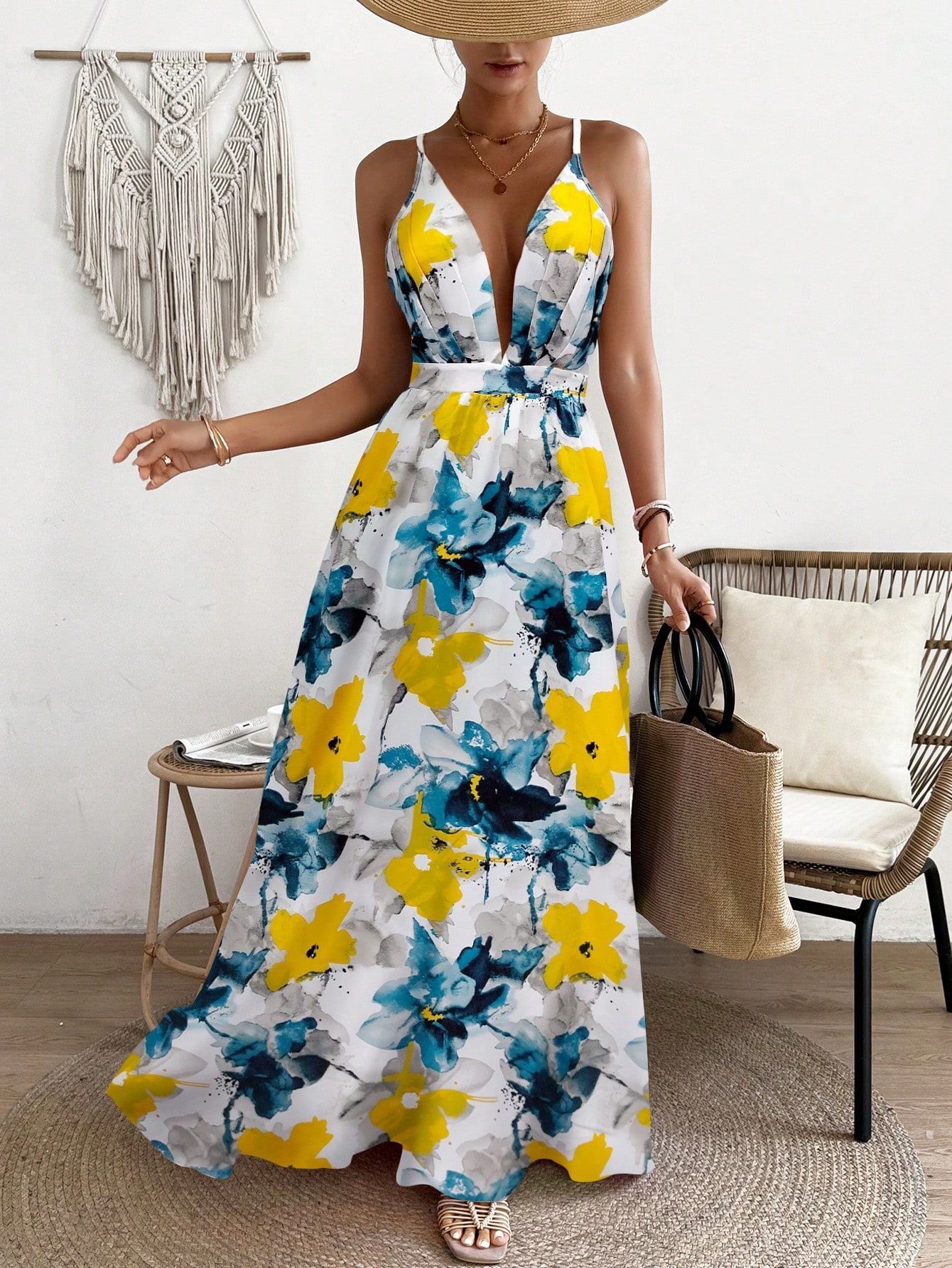Tie-Dye Rainbow Print Halter Maxi Dress Backless