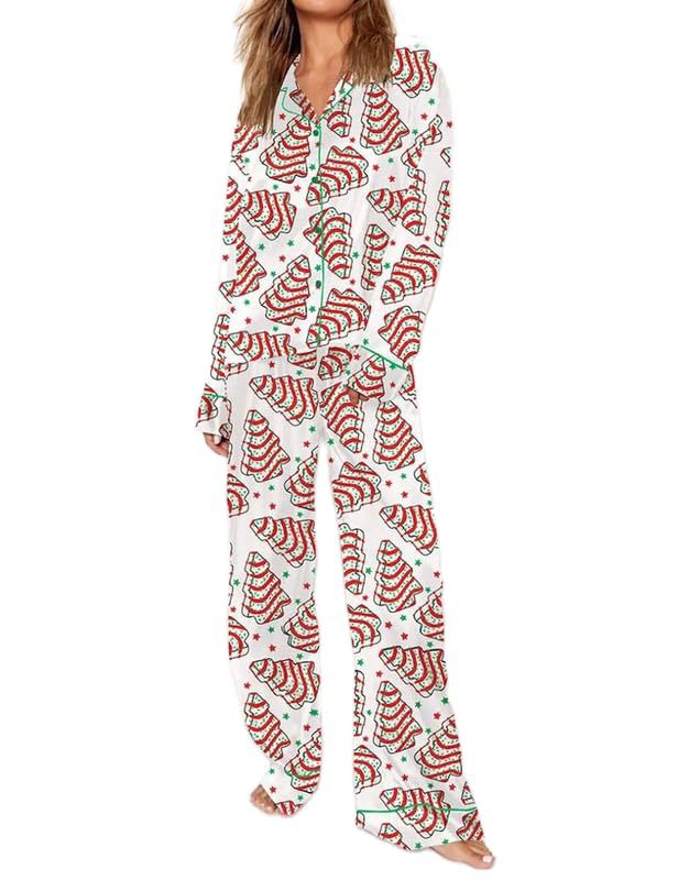 Cuban Collar Bow Ribbon Print Long Sleeve Women's Set