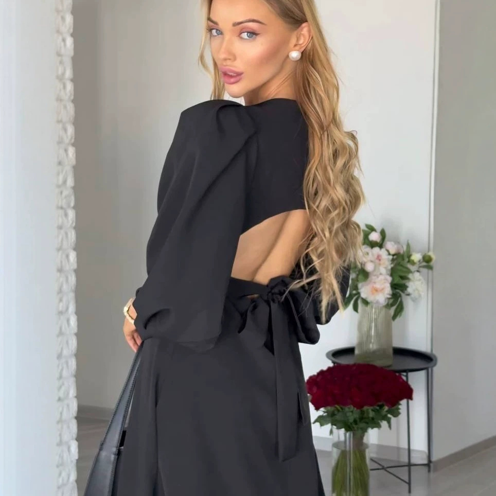 Solid Open-Back Lantern Sleeve Tie-Waist Long Dress