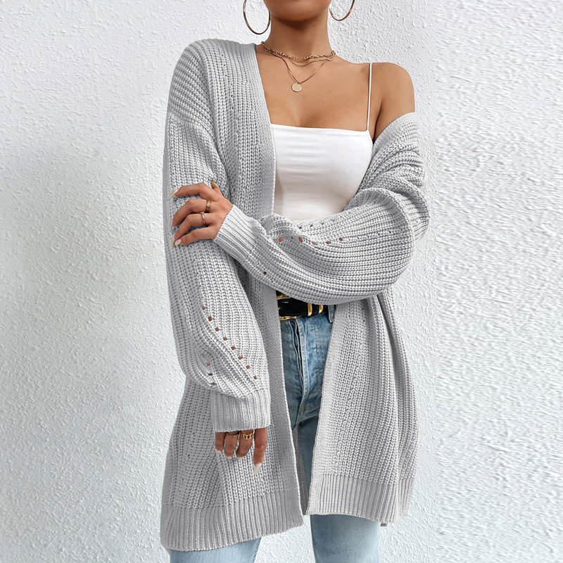 Women's Loose Mid-Length V-Neck Cardigan Sweater Coat Solid Knit