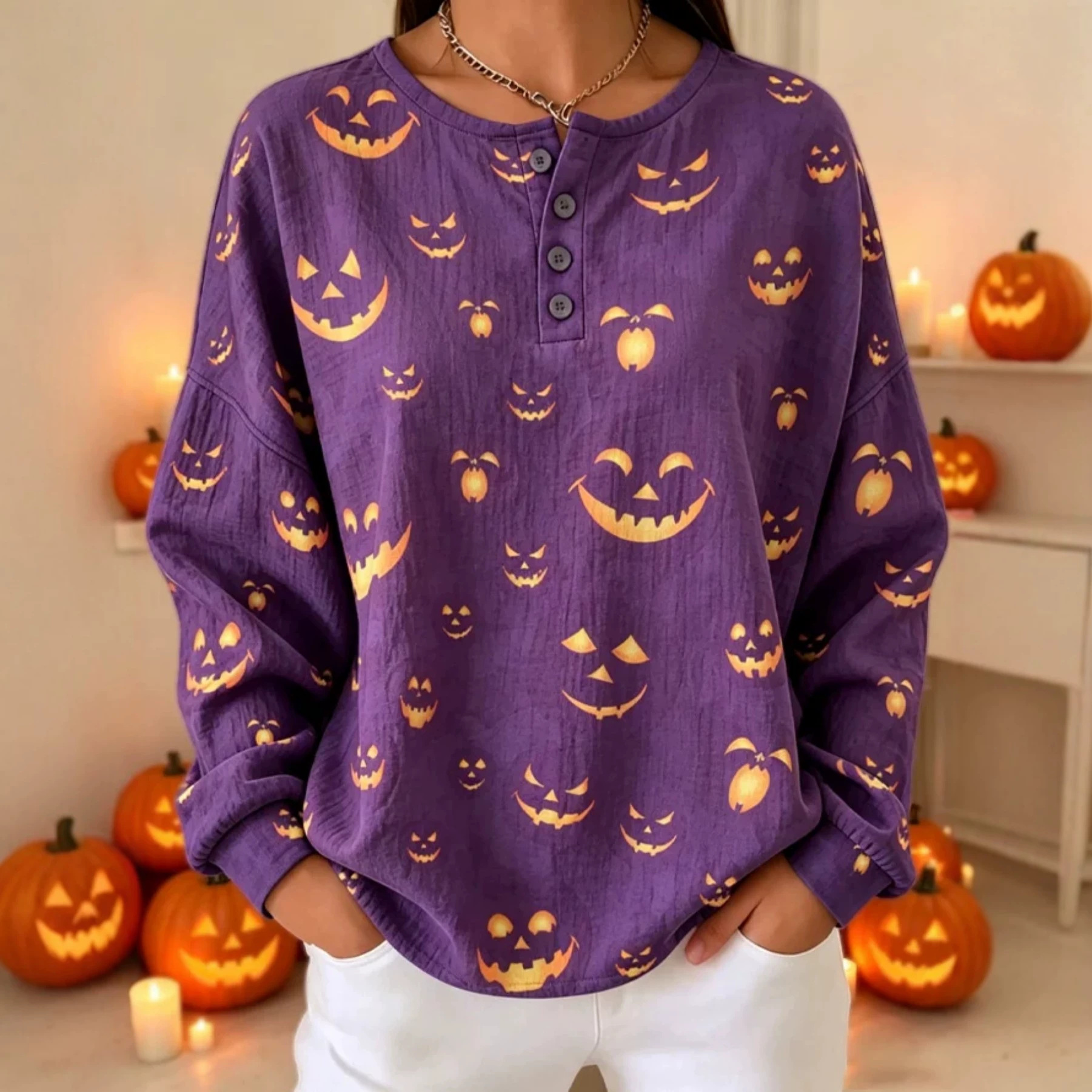 Women's Retro Pumpkin Smiley Print Button Sweatshirt