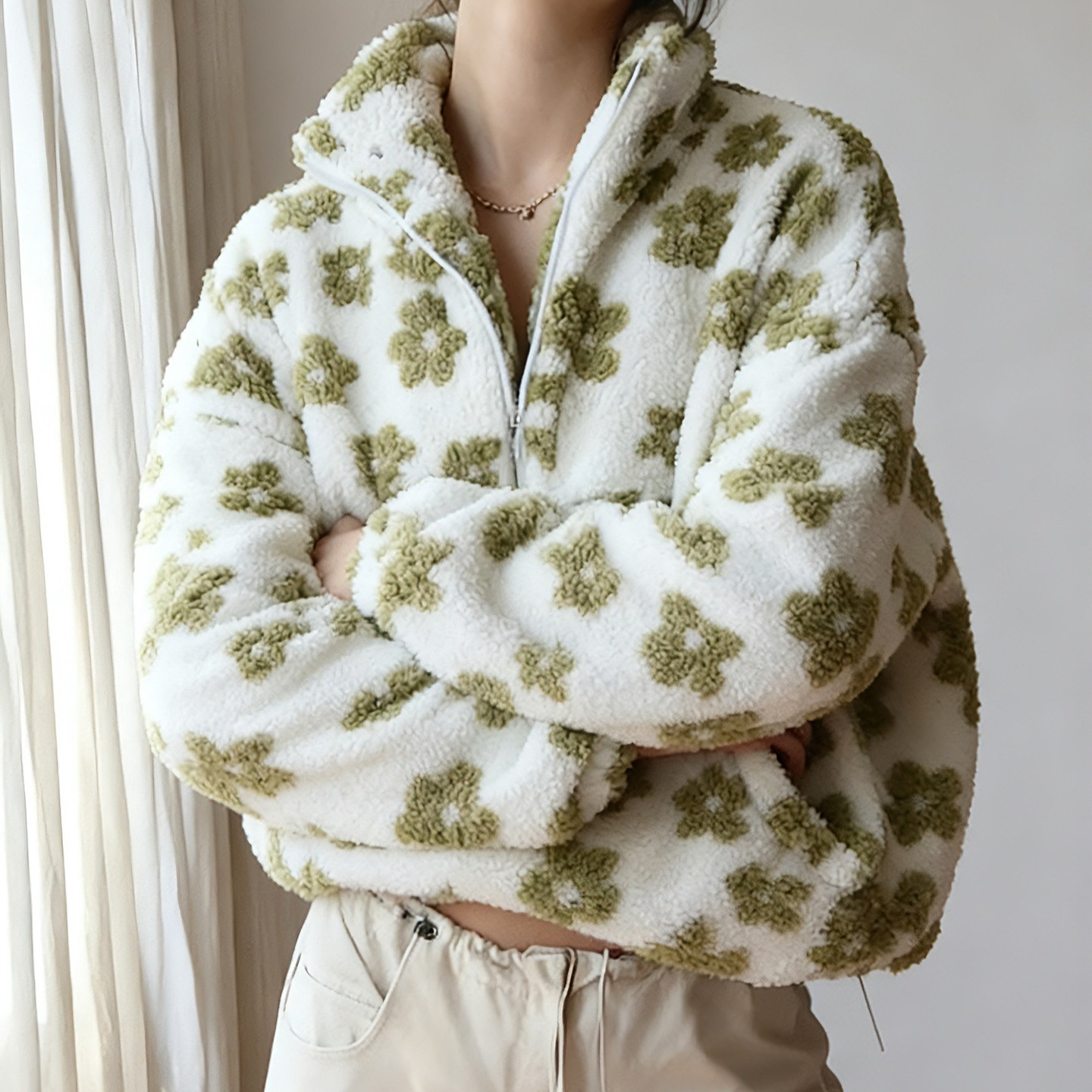 Fleece Floral Pullover Sweatshirt Women's Warm High Neck Loose Fit